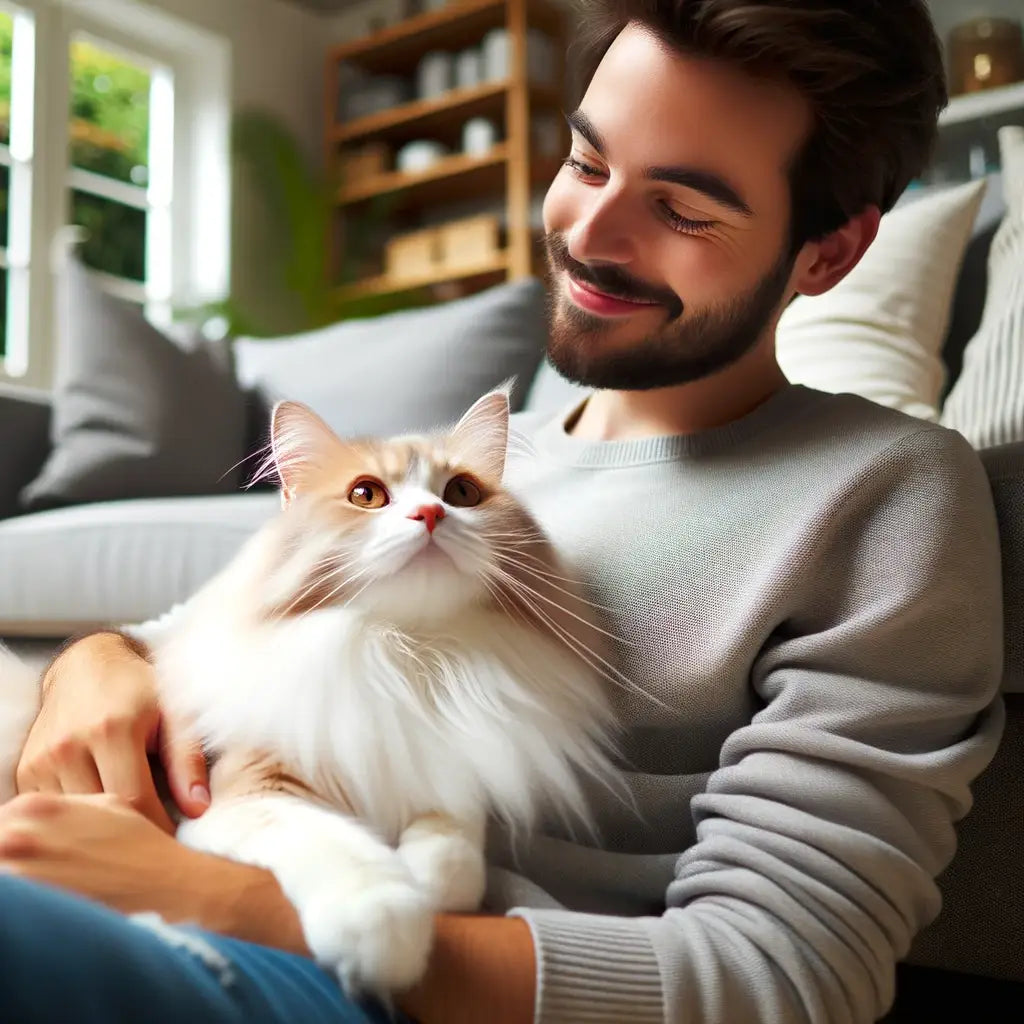 Un homme tenant un chat dans ses bras, symbolisant l’amour authentique entre maître et chat.