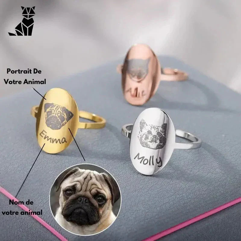 Bague personnalisée prénom pour amoureux des animaux - Personalized pug ring with animal names