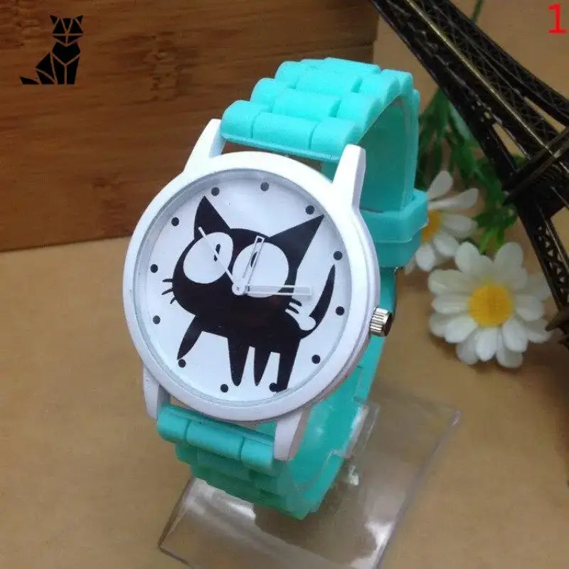 Belle Montre Chat Au Design Cartoon Pour Les Amoureux Des Félins - Turquoise