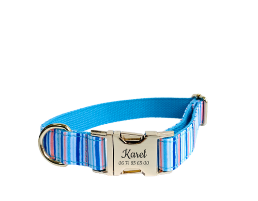 Collier Chien Personnalisé Coton Rayé Bleu Ciel Transparent Background