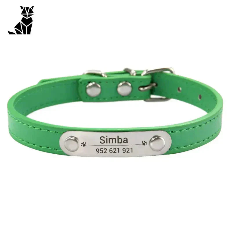 Collier pour chien en cuir vert avec plaque argentée, personnalisable et texture douce en doux cuir