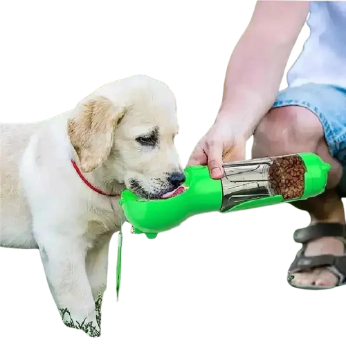 Un chiot qui boit dans un biberon multifonction 3 en 1 pour chiens, sur l’herbe, en laisse Transparent Background