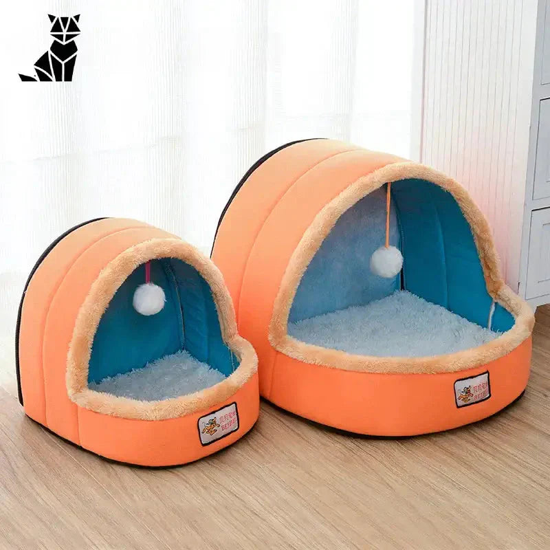 Deux lits pour chat orange et bleu avec boule blanche - Espace personnel confortable pour chats - Espace