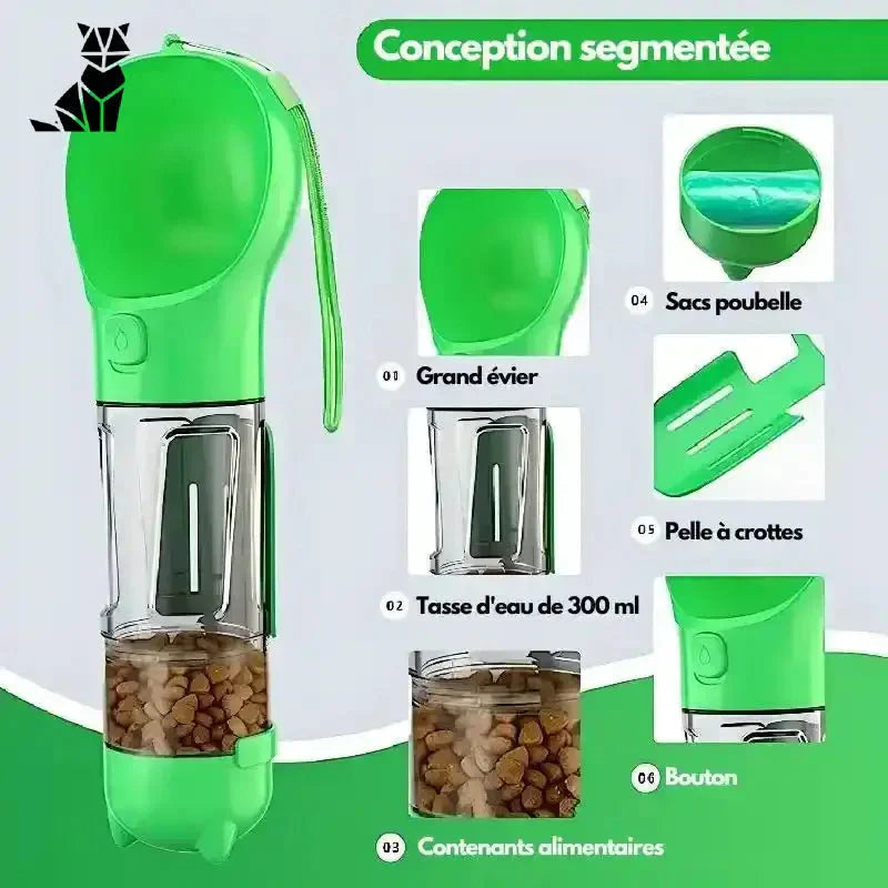 Bouteille multifonction verte 3 en 1 pour chiens avec solution pratique et poignée