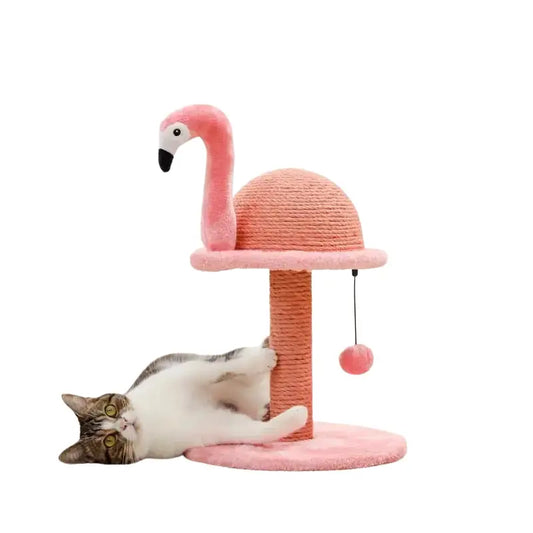 Griffoir pour chat en forme de flamant rose : Arbre à chat original avec un chat se prélassant sur le dessus Transparent Background