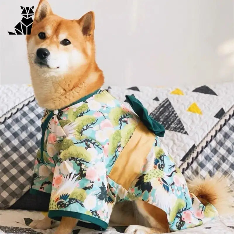 Chien en chemise japonaise de style kimono sur le lit