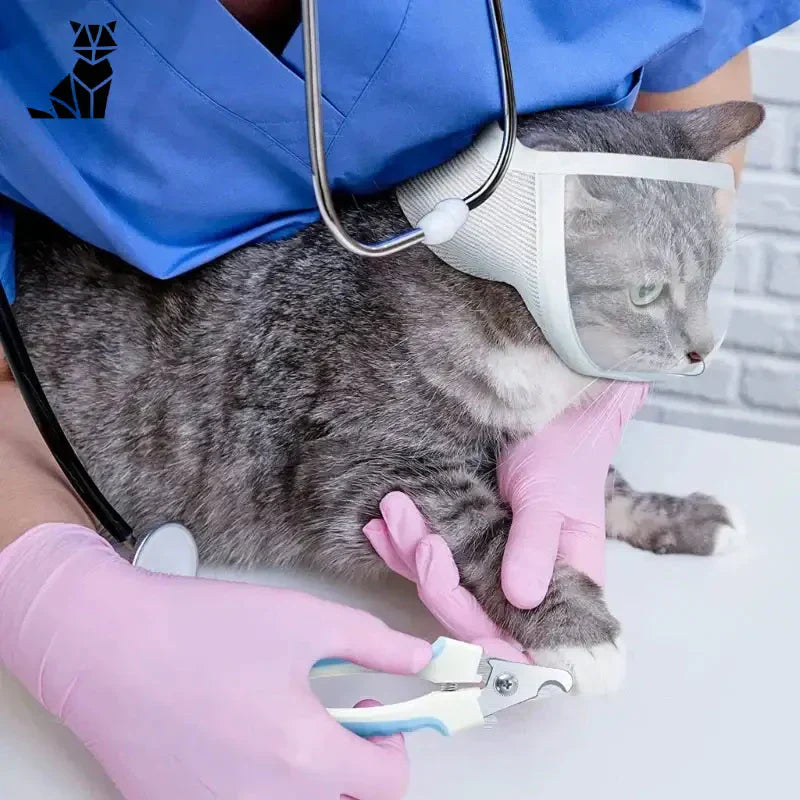 Chat examiné par un vétérinaire et portant une confortable muselière transparente pour le toilettage à domicile