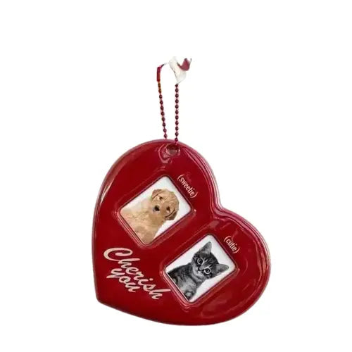 Ornement en forme de coeur rouge avec photo de chien sur Porte carte photo personnalisé Staacquering Idol Transparent Background