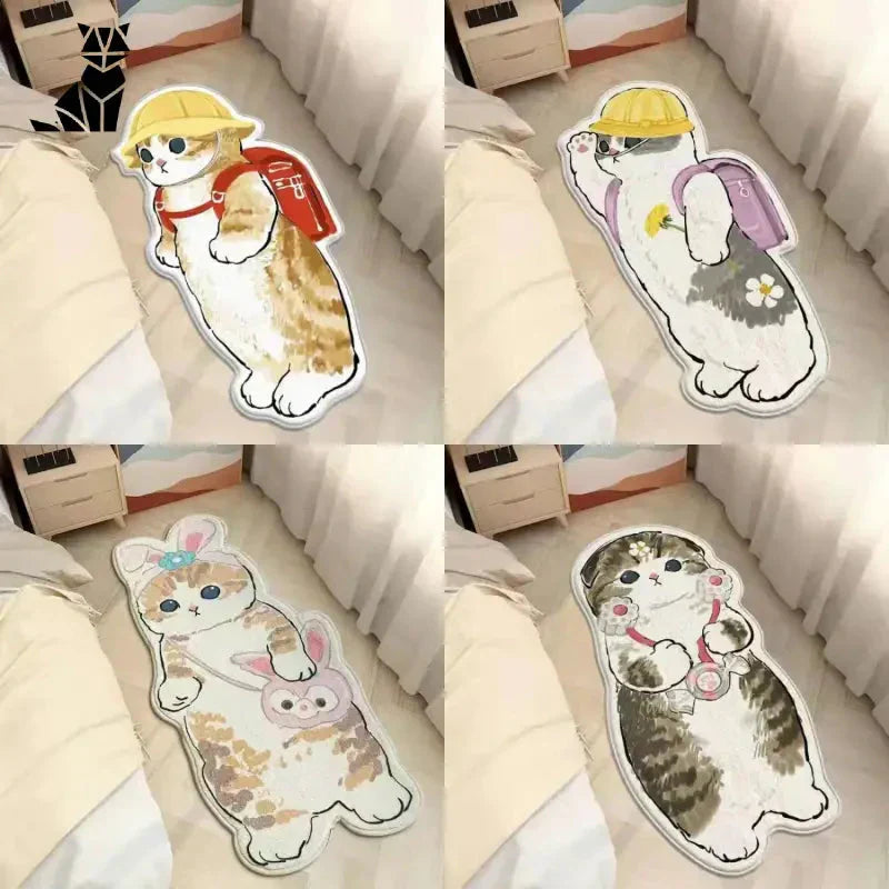 Quatre autocollants de chats de dessins animés du tapis de sol Cartoon Cat - A Playful Design (tapis de sol de chats de dessins animés), représentant des félins amusants