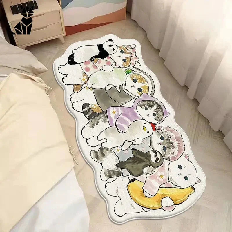 Tapis de sol Cartoon Cat - Tapis de sol ludique avec une base blanche présentant un motif de chat de dessin animé