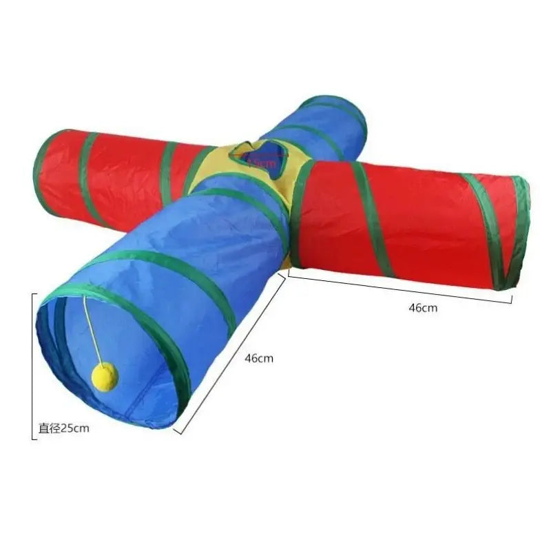 Tunnel de jeu pour chat en nylon durable - gonflable rouge et bleu avec rayures vertes et jaunes