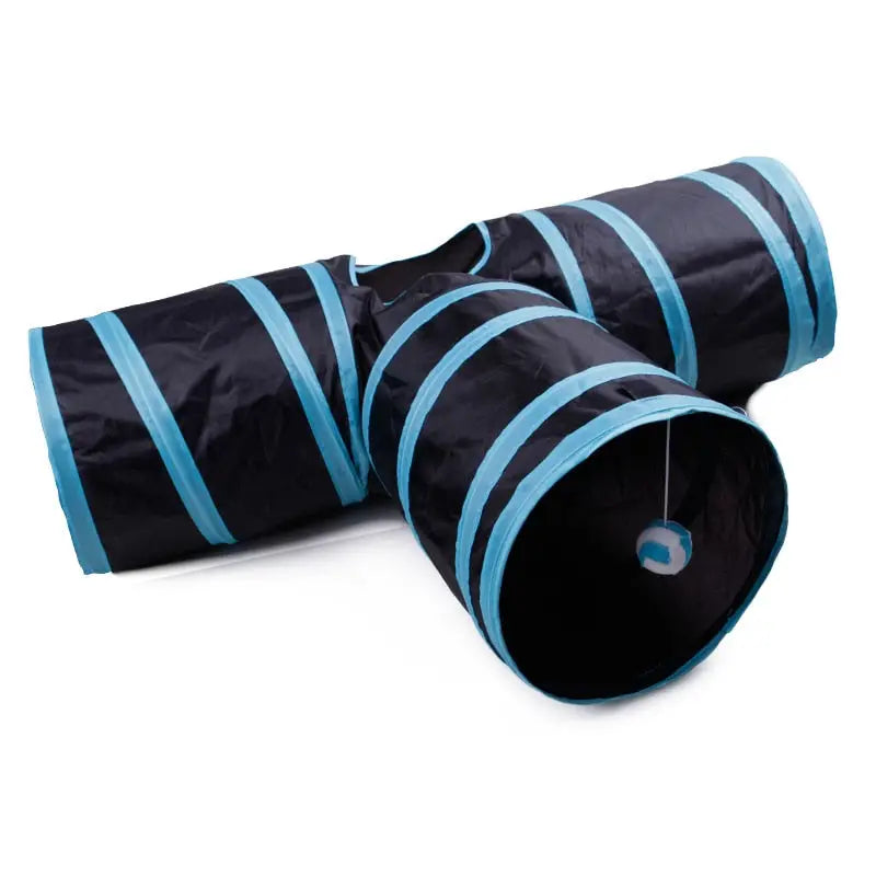 Tunnel de jeu pour chat en nylon durable avec rayures noires et bleues - Facile à ranger