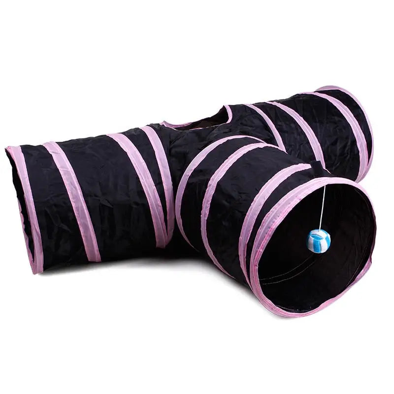 Tunnel de jeu pour chat - Fun durable en nylon, tunnel noir et rose avec balle bleu clair, facile à ranger